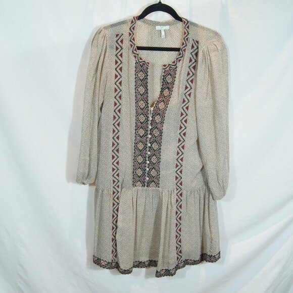 Joie | 100 % Silk Boho Peasant Dress Beige Black Embroidered | Size S - Picture 3 of 8